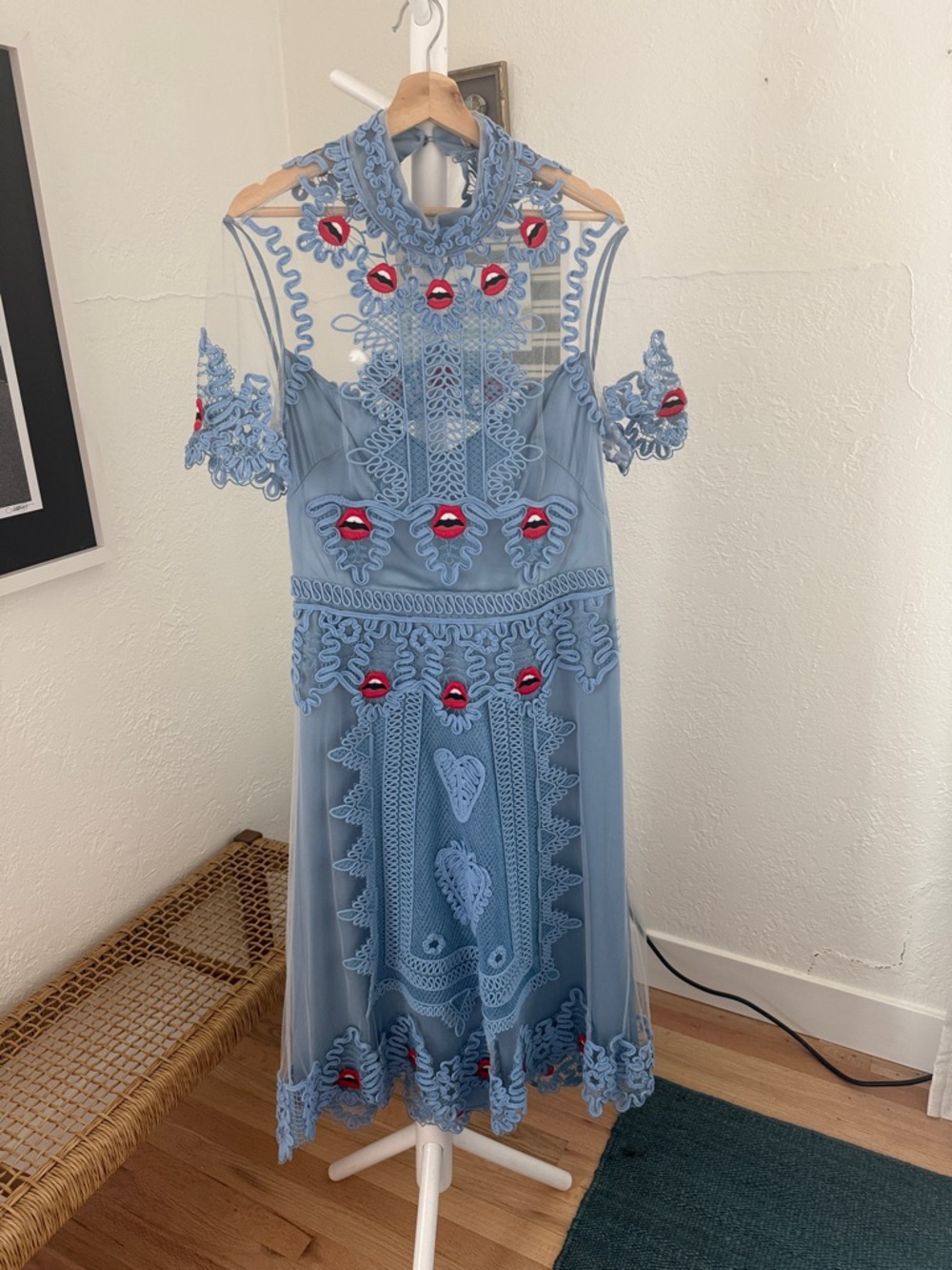 Temperley London Light Blue Embroidered Mesh Midi Dress with Red Lip Accents - Picture 2 of 2